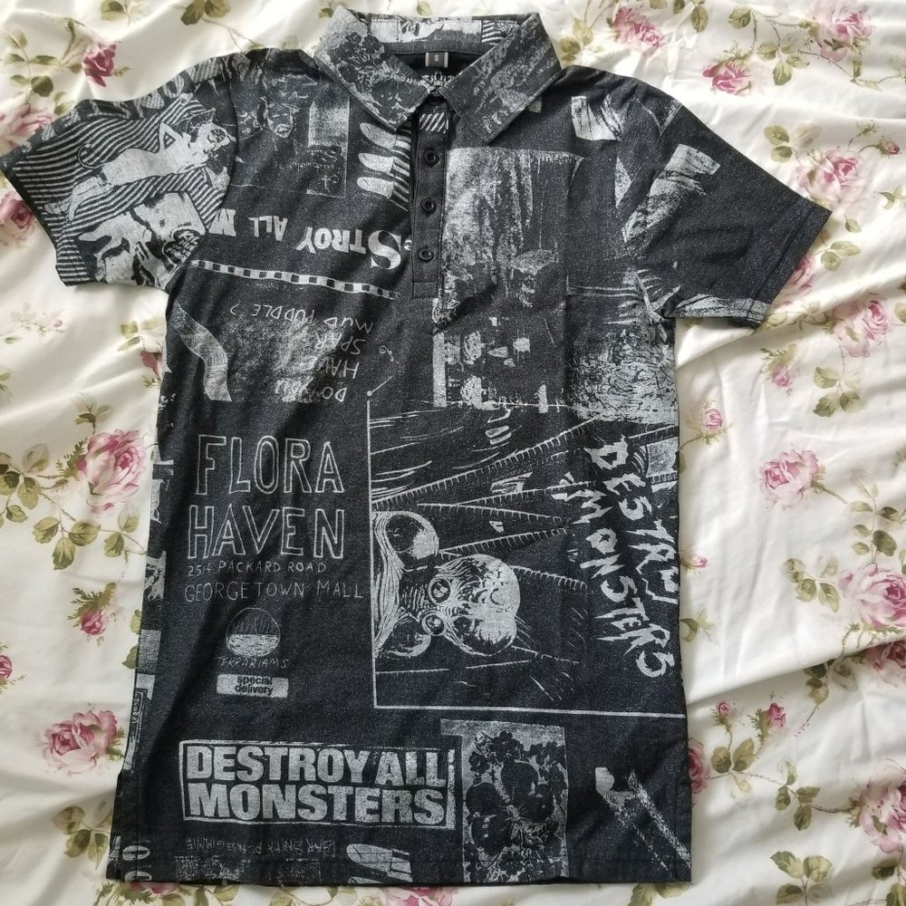 Hysteric Glamour Destroy All Monsters Black Lamé Button Chest Polo Shirt